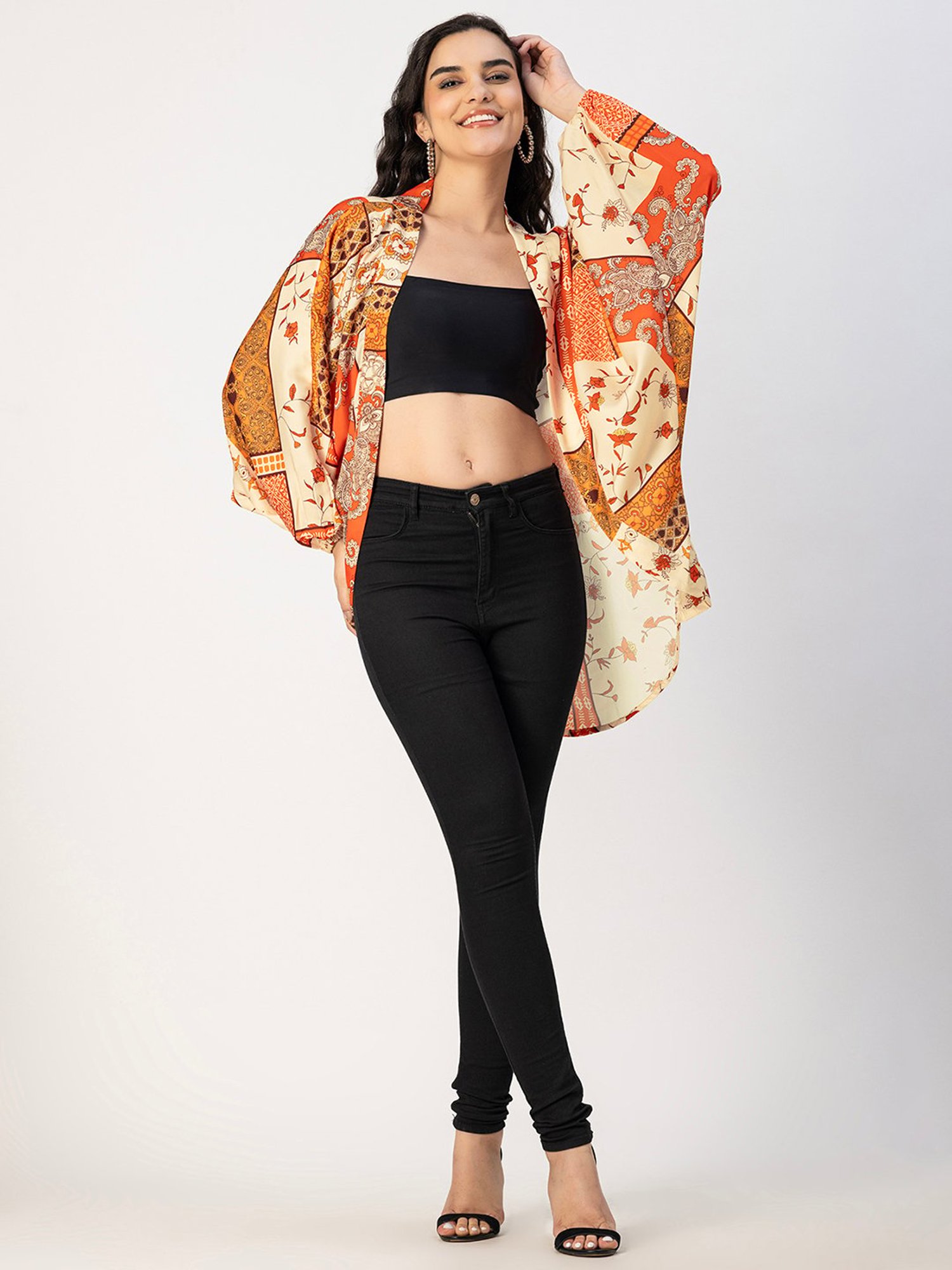 Moomaya Orange & Beige Floral Print Shrug