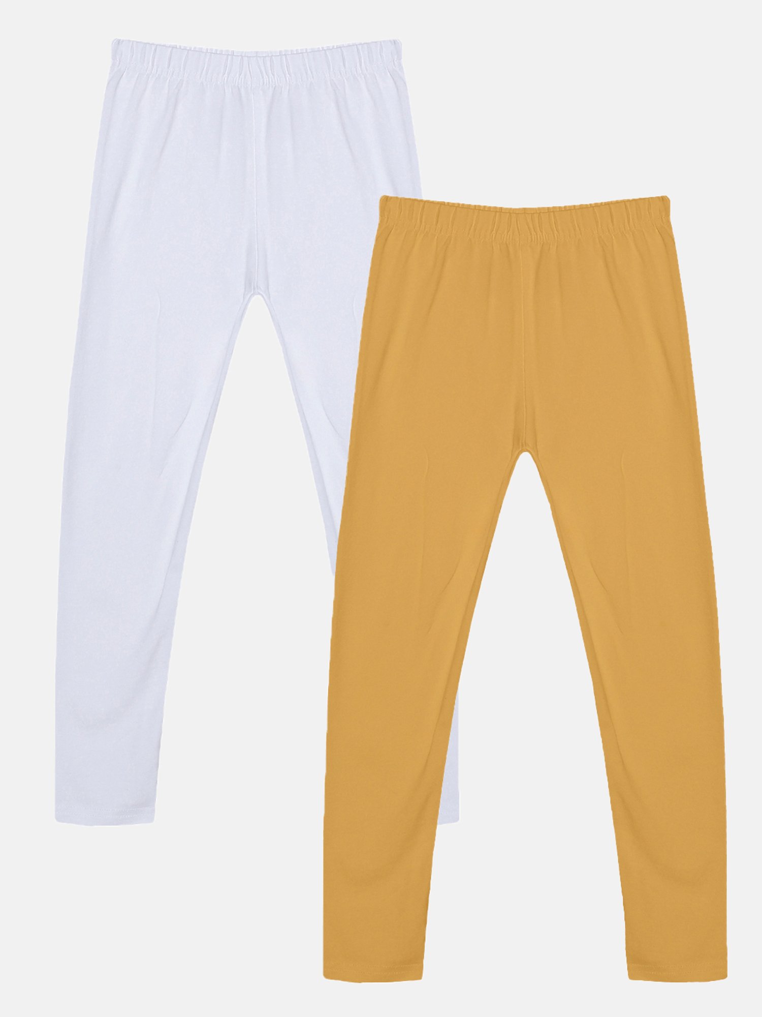 Kiddopanti Girls White & Mustard Solid Leggings (Pack Of 2)
