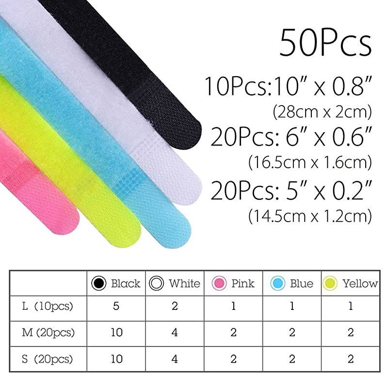 Pack of 50 Reusable Cord Organizer Keeper Holder Fastening Cable Ties Straps for Earbud Headphones Phones Wire Wrap Management Assorted 3 Size and 5 Color