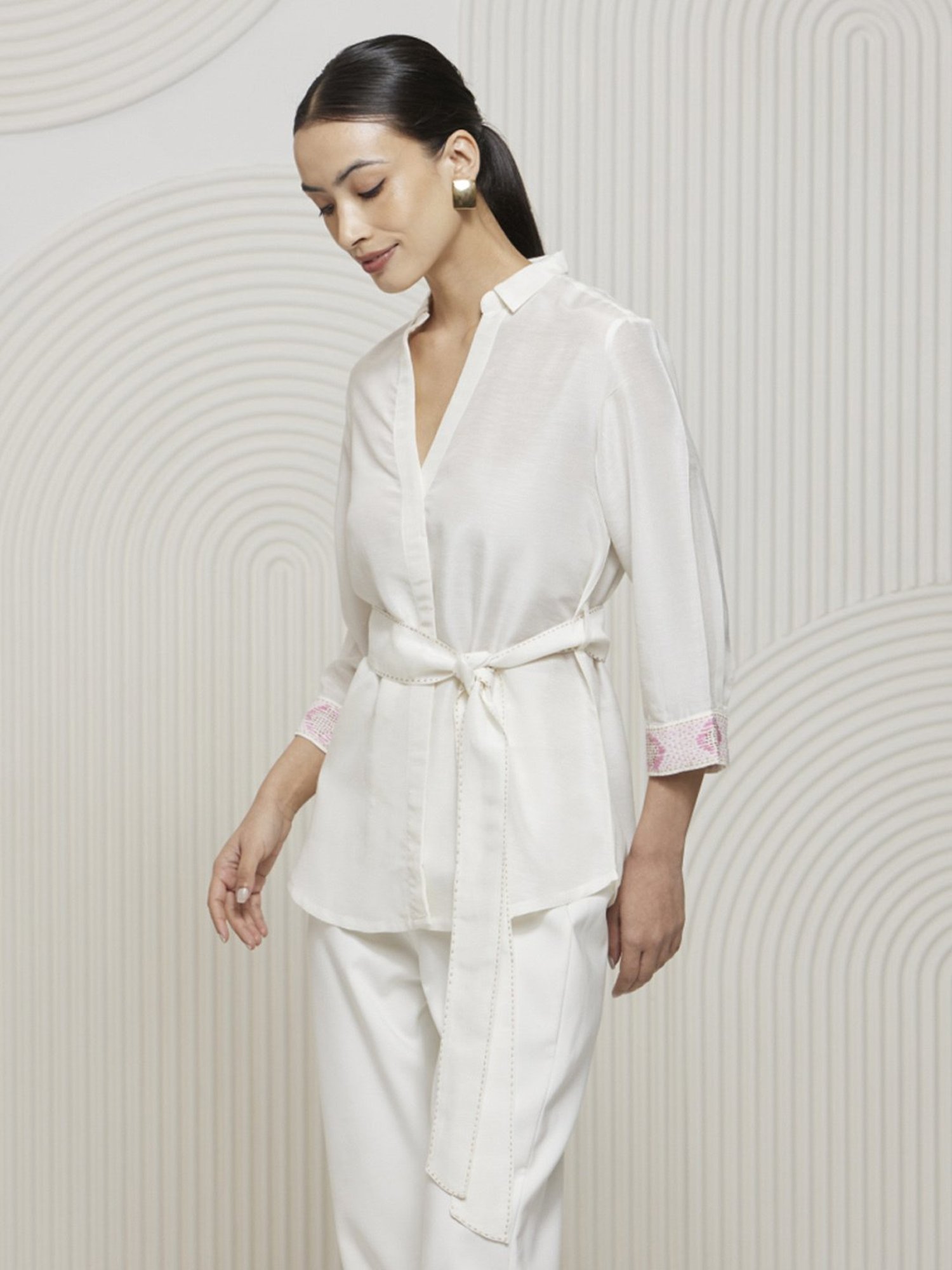 Artagai Off White Kantha Wrap Shirt with Tie Up and Kantha Detail At Cuff and Belt