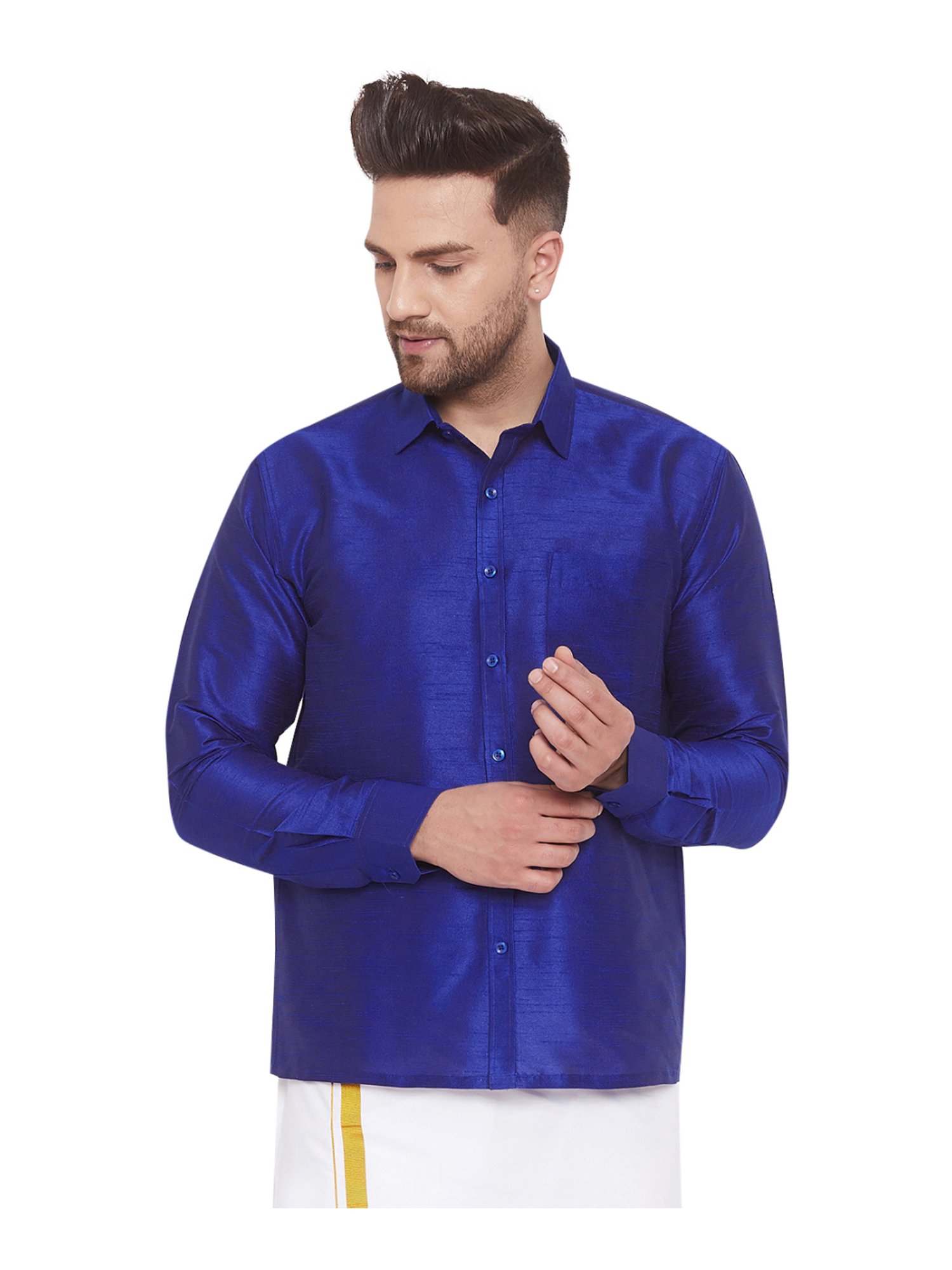 VASTRAMAY Blue Straight Fit Self Pattern Ethnic Shirt