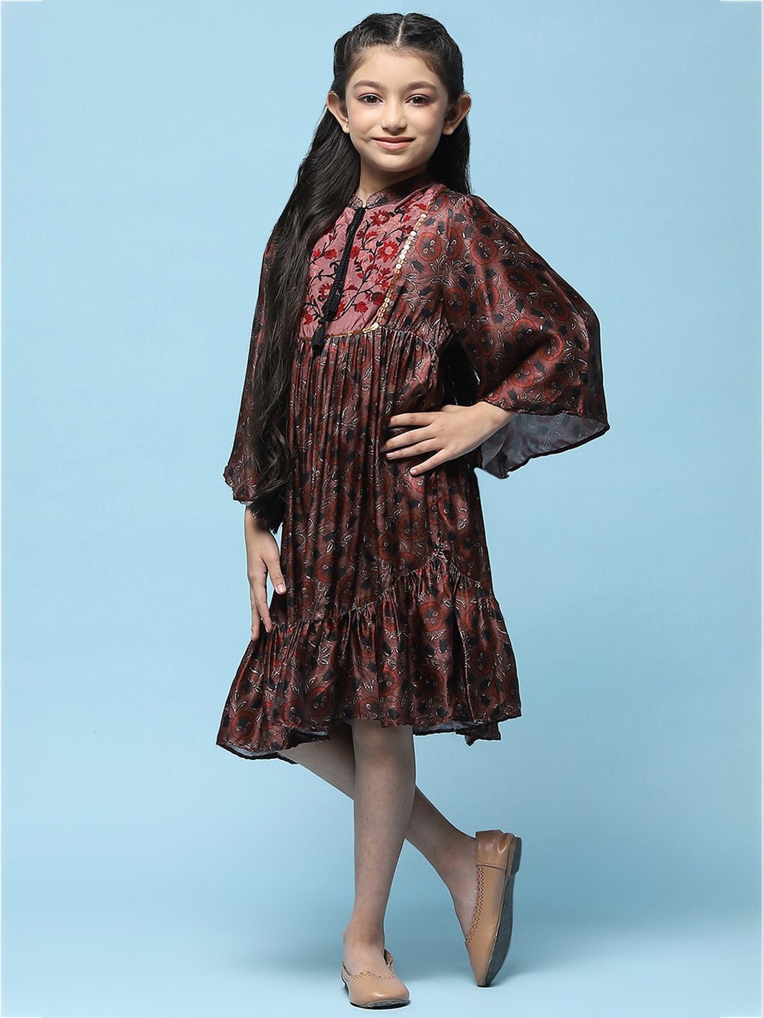 BIBA Girls Brown Embroidered Dress