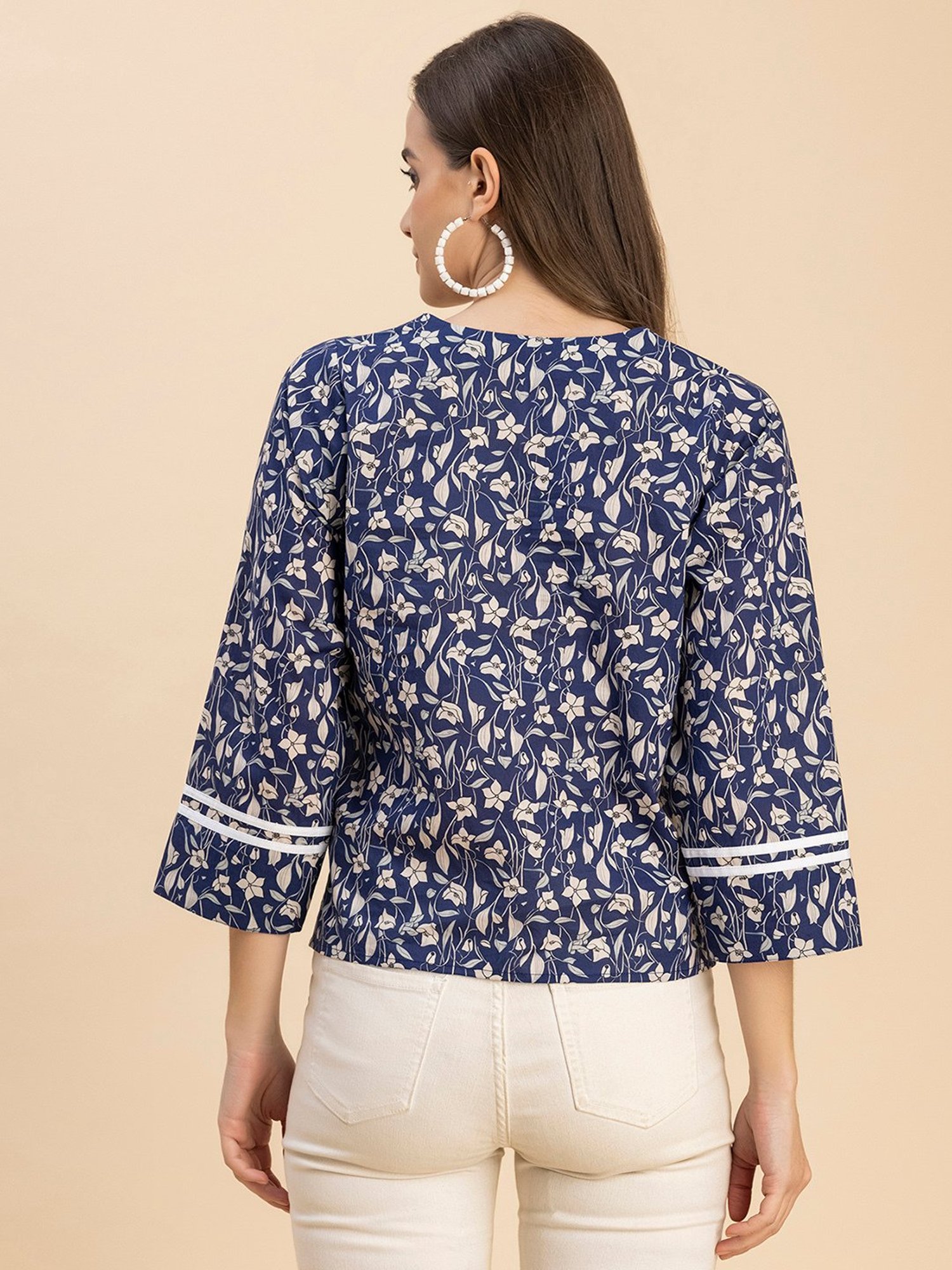 Moomaya Navy Cotton Printed Top