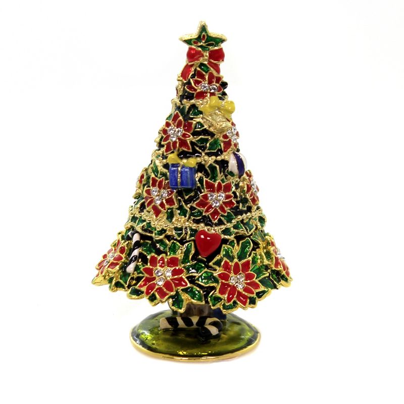 Hinged Trinket Box 3.5" Poinsettia Tree Enameled Box Austrian Crystals  -  Decorative Figurines