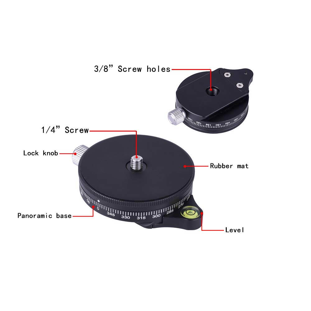 koolehaoda Camera Panoramic Panning Base with Arca Swiss Style Plate, Aluminum Alloy Black Panorama Tripod Head with Bubble Level for Tripod Monopod DSLR Cameras, Load Capacity 22 LBS