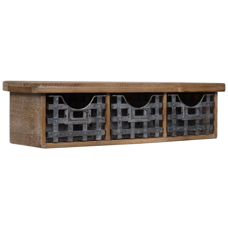 21.1" x 5.7" Reclaimed Wood Wall Organizer with 3 Metal Basket Bins Brown - Gallery Solutions