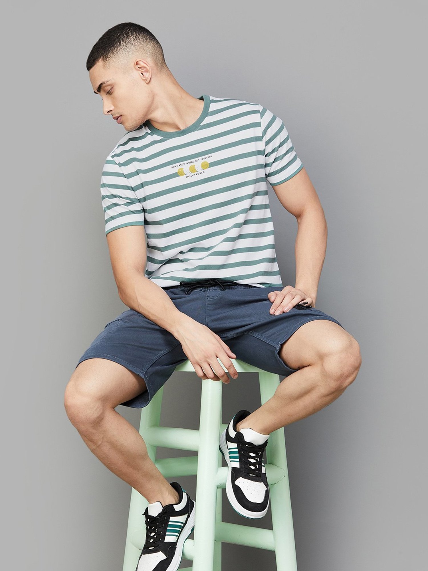 Smileyworld Olive Cotton Regular Fit Striped T-Shirt