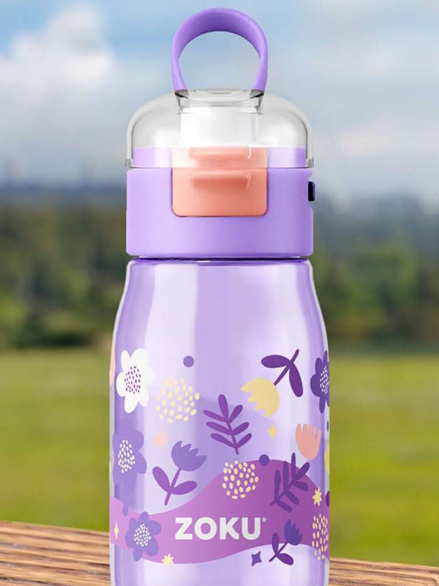 Zoku Purple Plastic Flowers Kids Flip Gulp Bottle (0.475 L)
