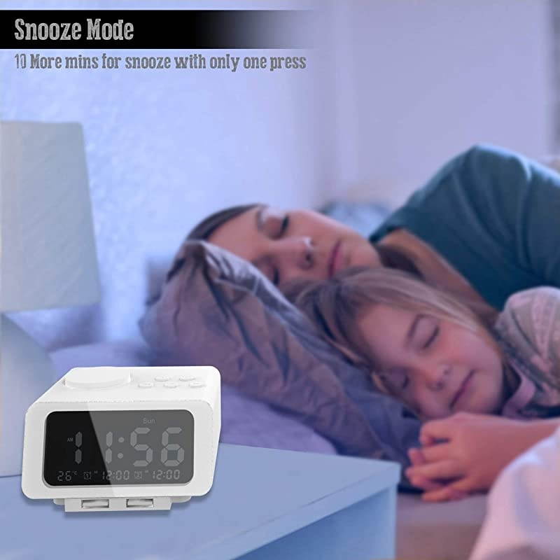Alarm Clock Radio - FM Radio, Dual USB Port for Charging, Temperature Display, Dual Alarms, 5 Level Brightness Dimmer, Adjustable Alarm Volume, Sleep Timer for Bedrooms - White
