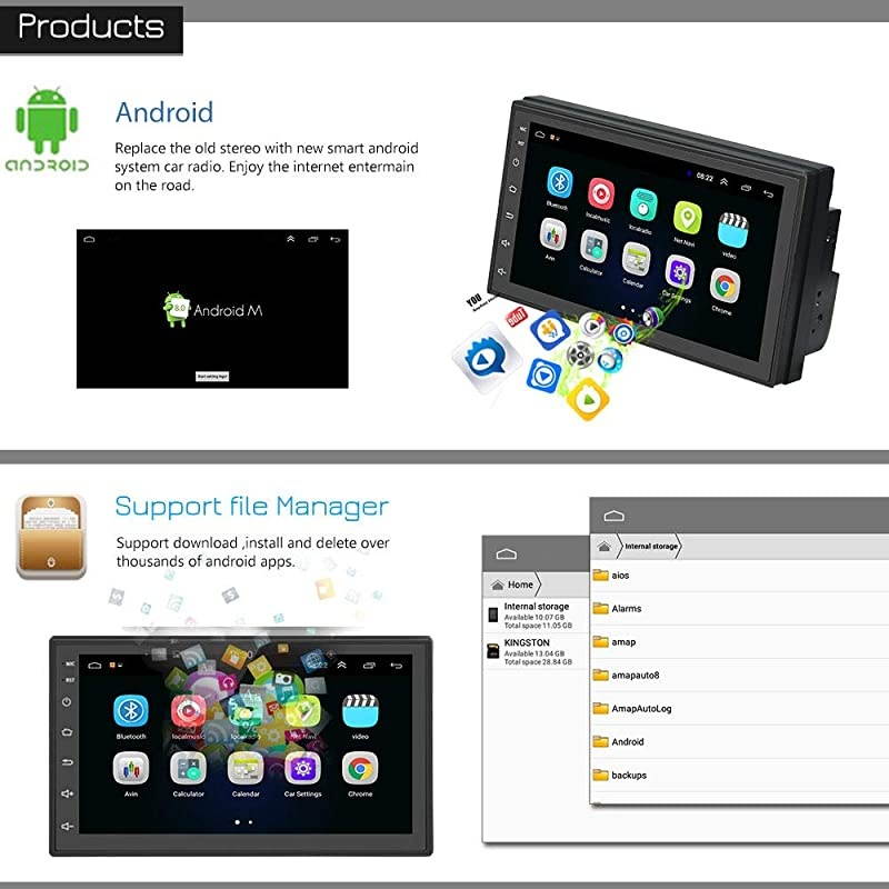 Din Android 9.1 Car Radio 7'' TFT Touch Screen GPS Navigation 1G+16G Indash Car Stereo Support Bluetooth FM WiFi Steering Wheel Control Dual USB + 12 LEDs Rear View Camera