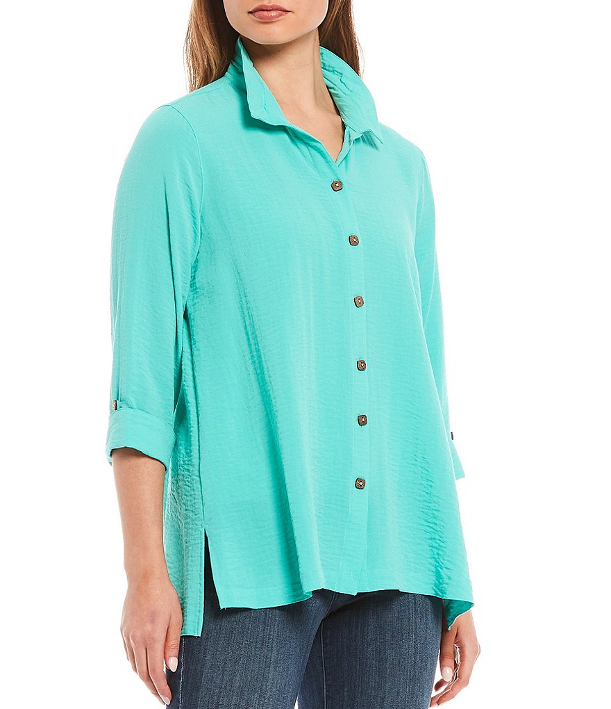 John Mark Crinkle Wire Collar 3/4 Roll Tab Sleeve Blouse