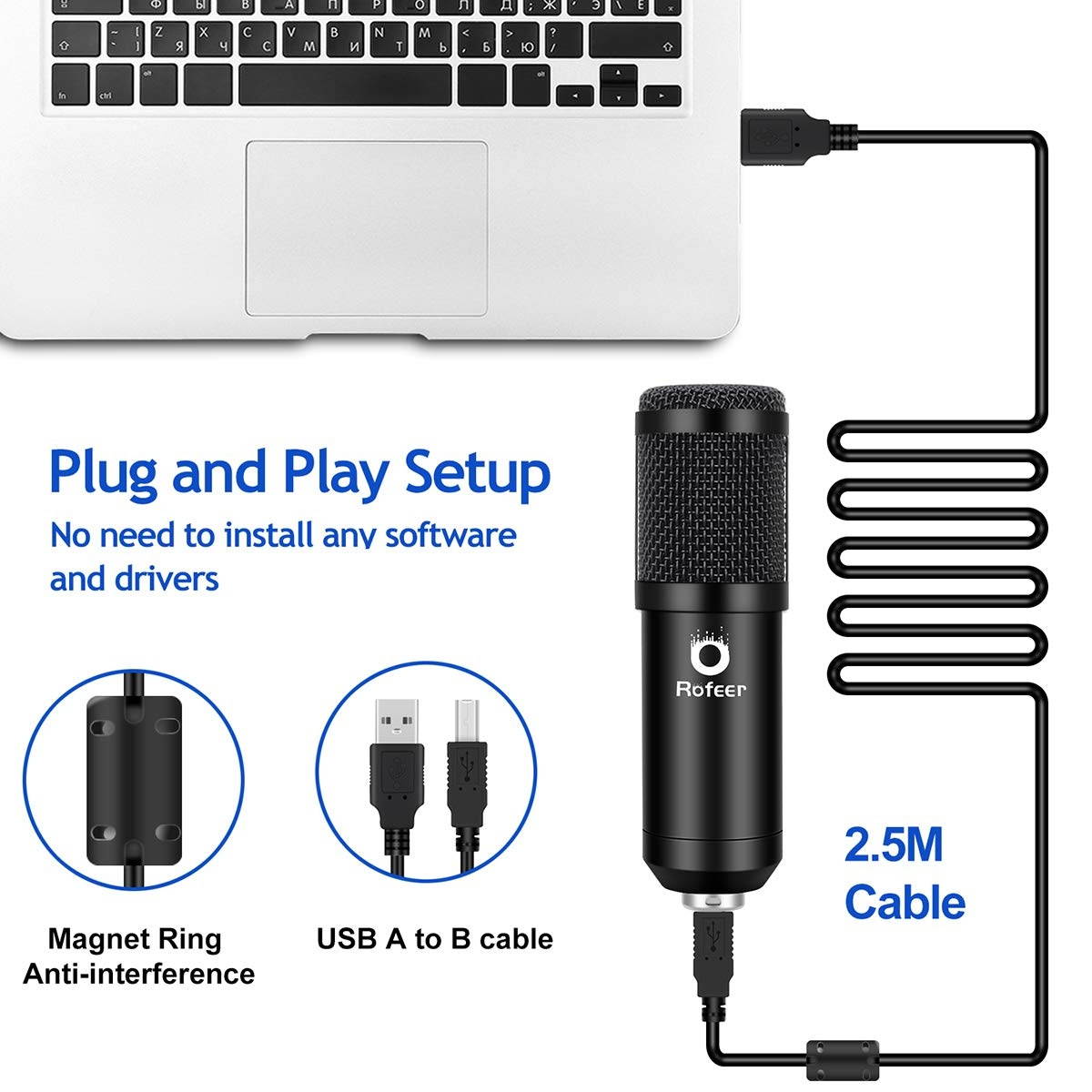 USB Podcast Condenser Microphone Kit 192kHZ/24bit Plug & Play Computer PC Microphone Studio Streaming Cardioid Mic with Professional Sound Chipset for Recording Broadcasting YouTube Gaming