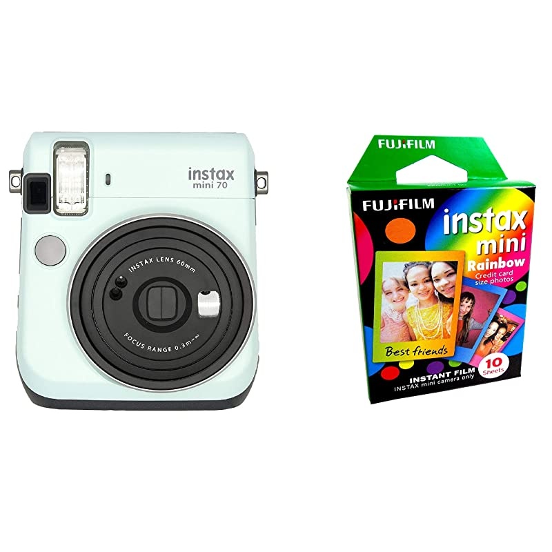 Instax Mini 70 Instant Film Camera Icy Mint and Instax Mini Rainbow Film Value Pack 10 Images