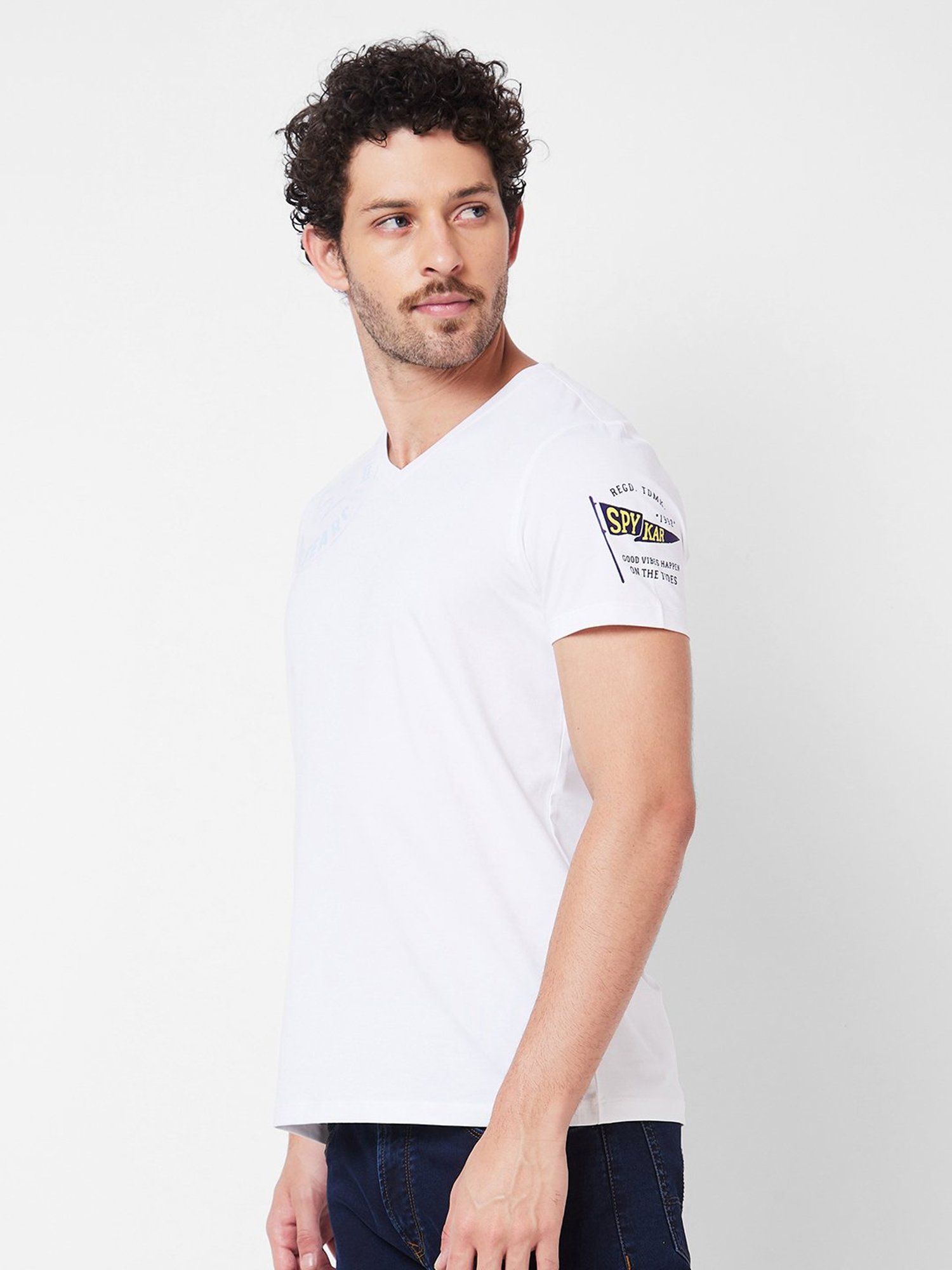 Spykar White Slim Fit Printed V-Neck T-Shirt
