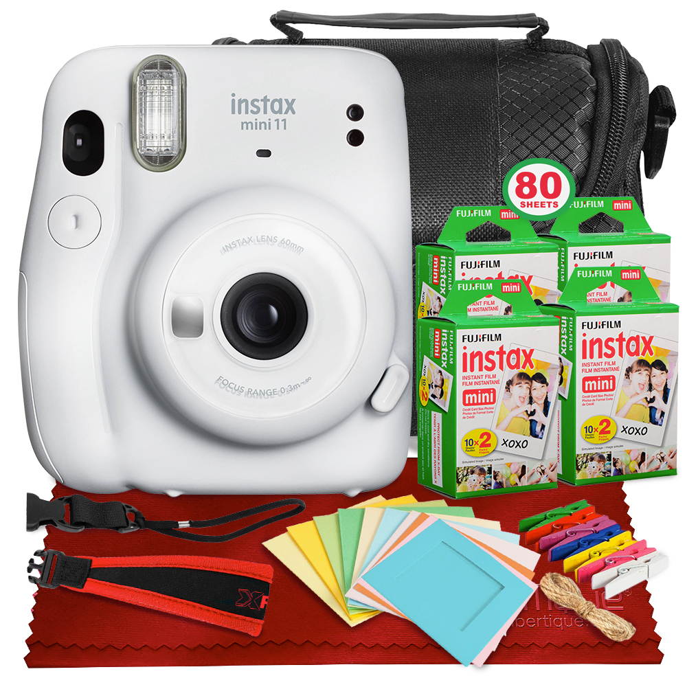 FUJIFILM INSTAX Mini 11 Instant Film Camera (Ice White) + ACCESSORY BUNDLE THAT INCLUDES 4X Fujifilm Instax Mini Twin Film (80 Exposures), Camera Carrying Case, Camera Strap & Funky Film Frames