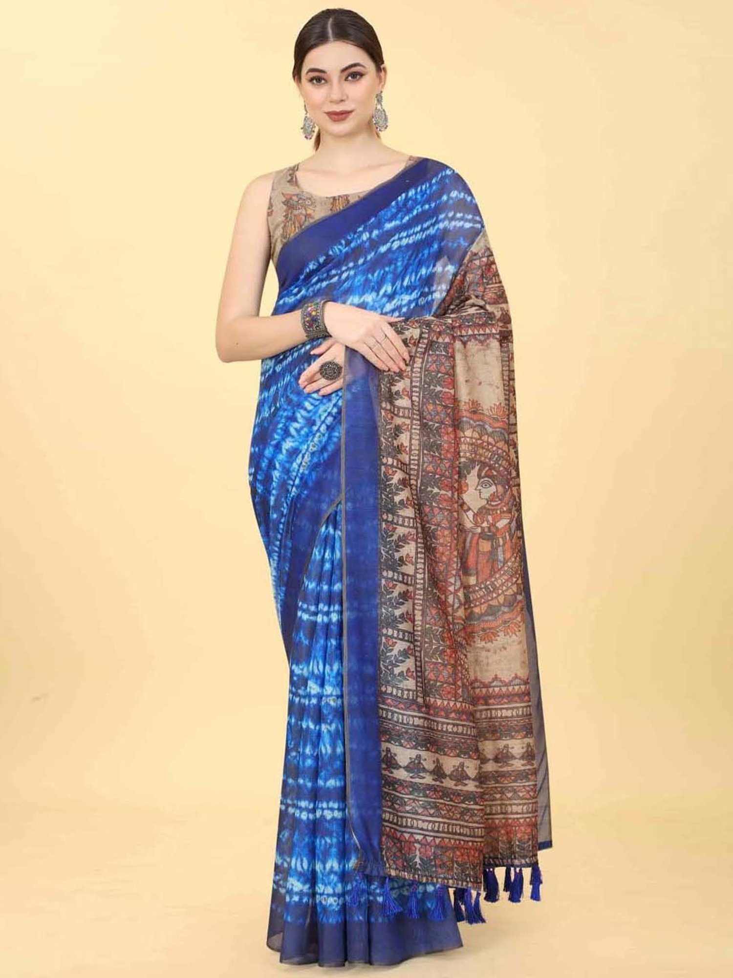 Silk Land Blue Printed Saree With Unstitched Blouse
