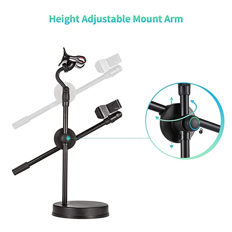 Desk Microphone Stand with Smartphone Holder, Adjustable mic stand with Non-Slip mic holder clamp, Heavy Round Base