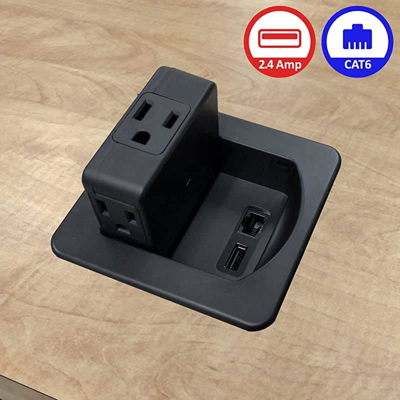 AC Power Outlets with 1 CAT6 Ethernet RJ45 Data Port + 1 USB Charging Ports 24 Amp Fast Charger Flip Top Swivel Power Center Black