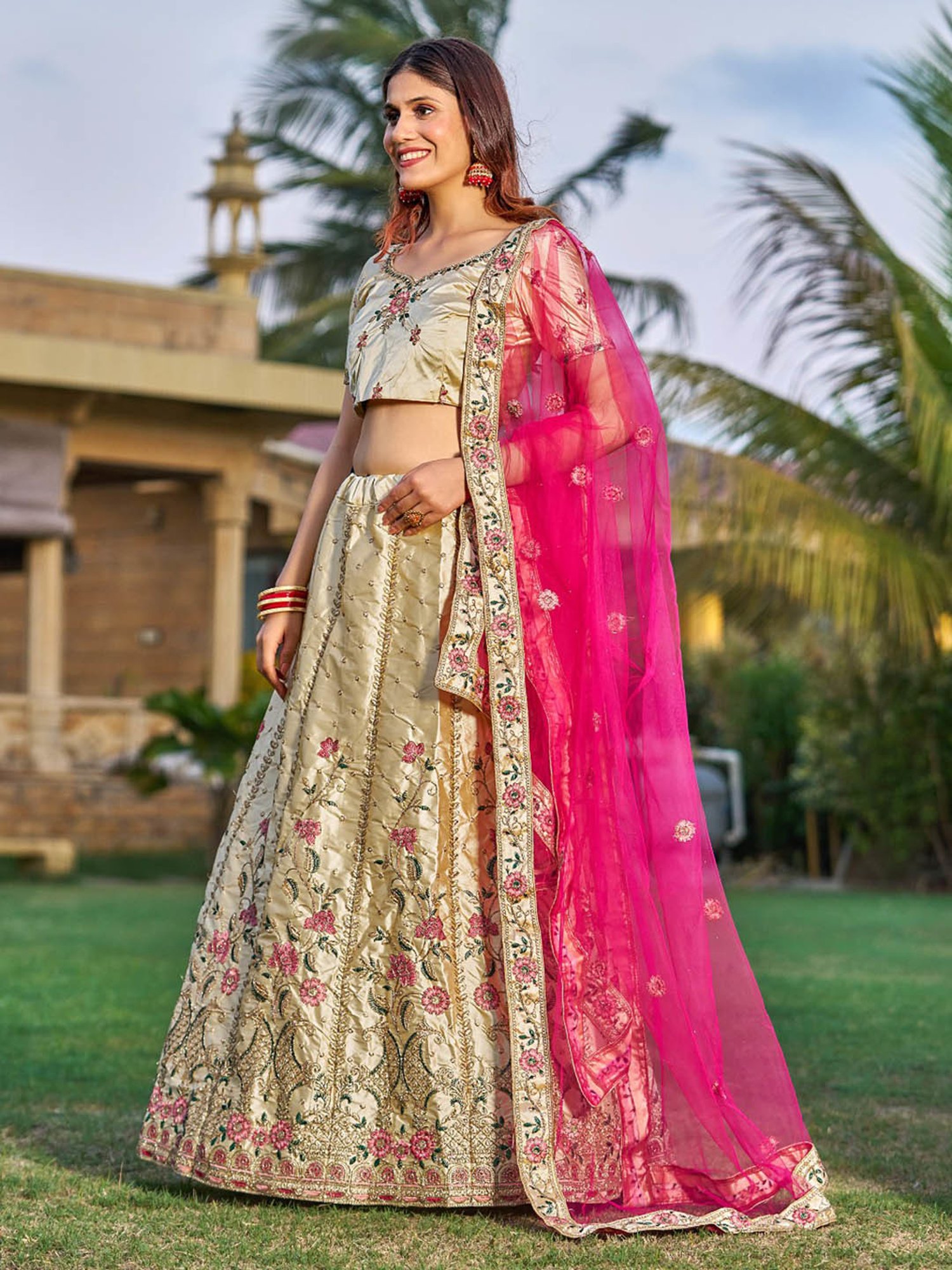 Silk Land Beige & Blue Woven Pattern Semi Stitched Lehenga Choli Set With Duppata