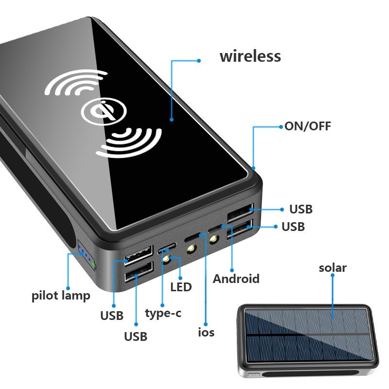 900000mAh  Qi Built-in Wireless Charge Power Bank Solar Mobile Power 4usb Charger 9V4A External Battery Bank