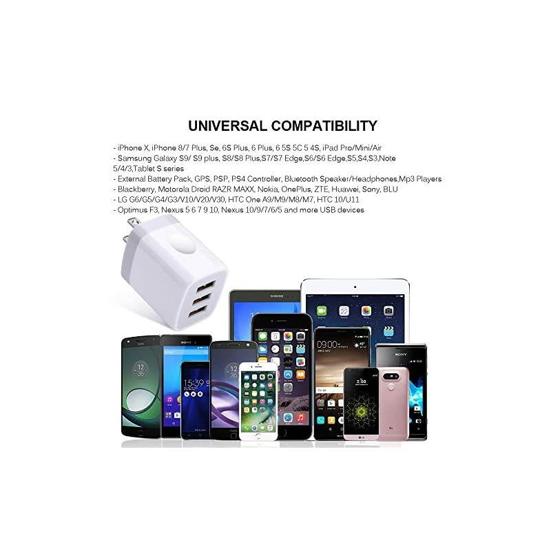 Wall Charger, 3 Port Charging Block, 5V 3.1A 2PC Multi-Port Travel Power Adapter Plug Cube Compatible iPhone 11 11Pro X 8 7 Plus, Samsung Galaxy S10 Plus S10E S9 S8, S7,V50 G8 G7 ThinQ G6