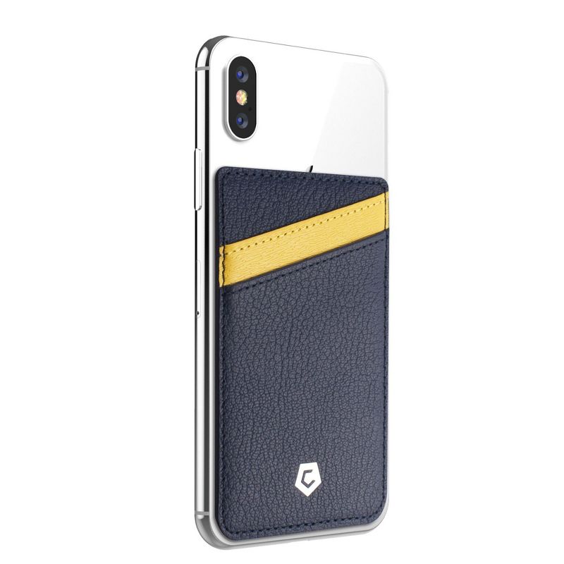 Cobble Pro [Genuine Leather] Stick-On Leather Card Holder Wallet Card Holder for Back of Phone, Navy/Yellow