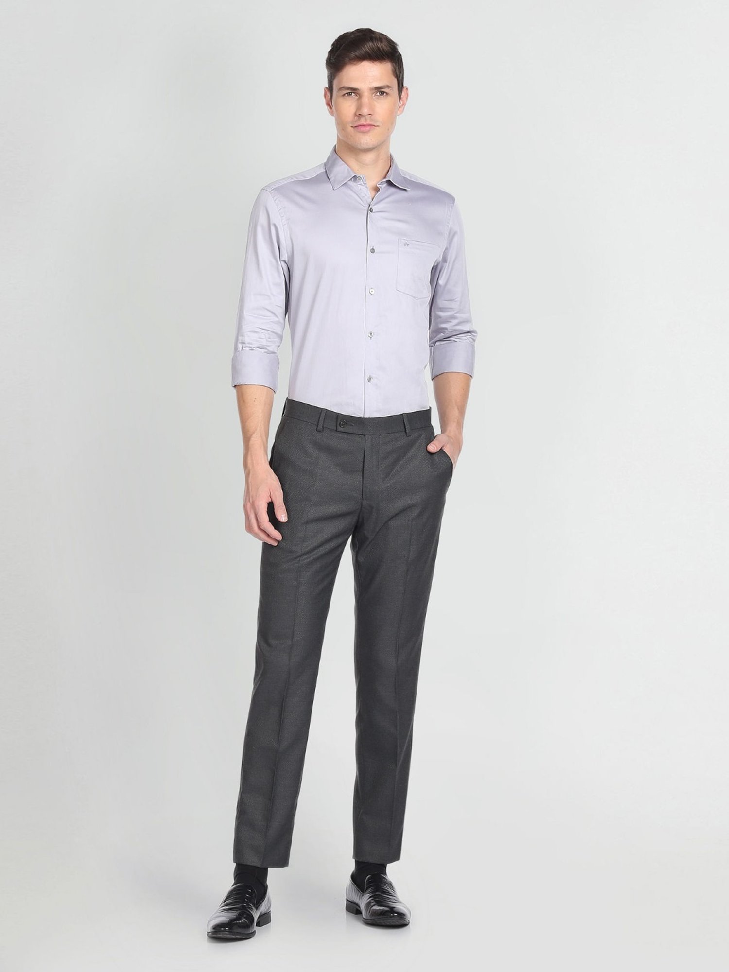 Arrow Grey Regular Fit Self Pattern Trousers