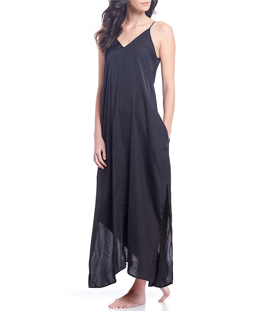 VAN WINKLE & CO. Solid Satin Maxi Chemise With Side Slit Detail