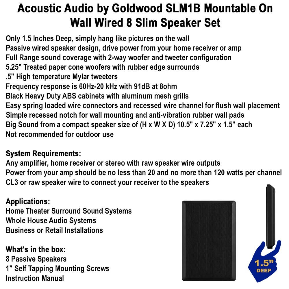 Acoustic Audio SLM1B Mountable On Wall Slim Speakers Home Theater Wired 4 Pair Pack