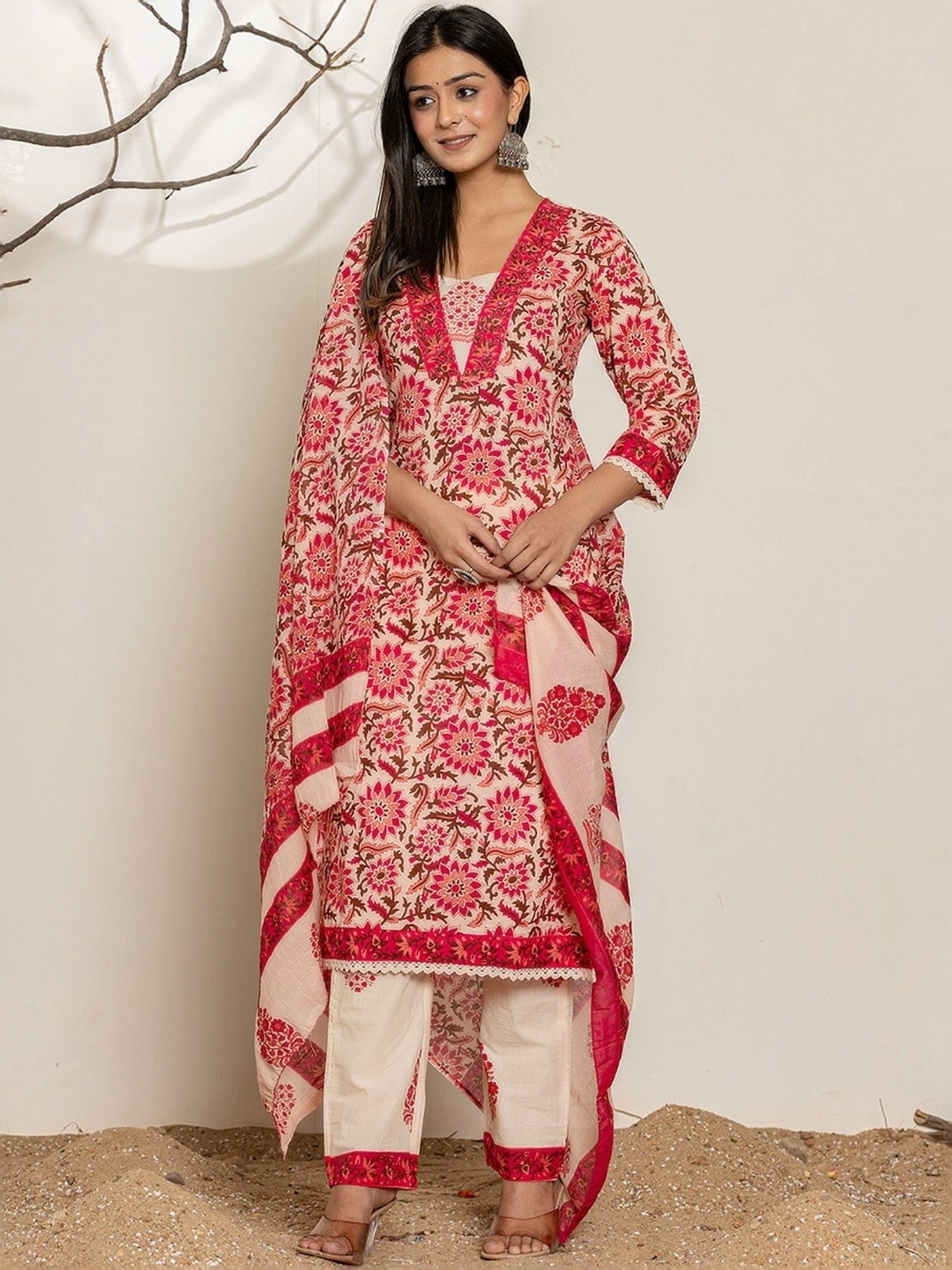 Yufta Pink & Cream Cotton Printed Kurta Pant Set With Dupatta