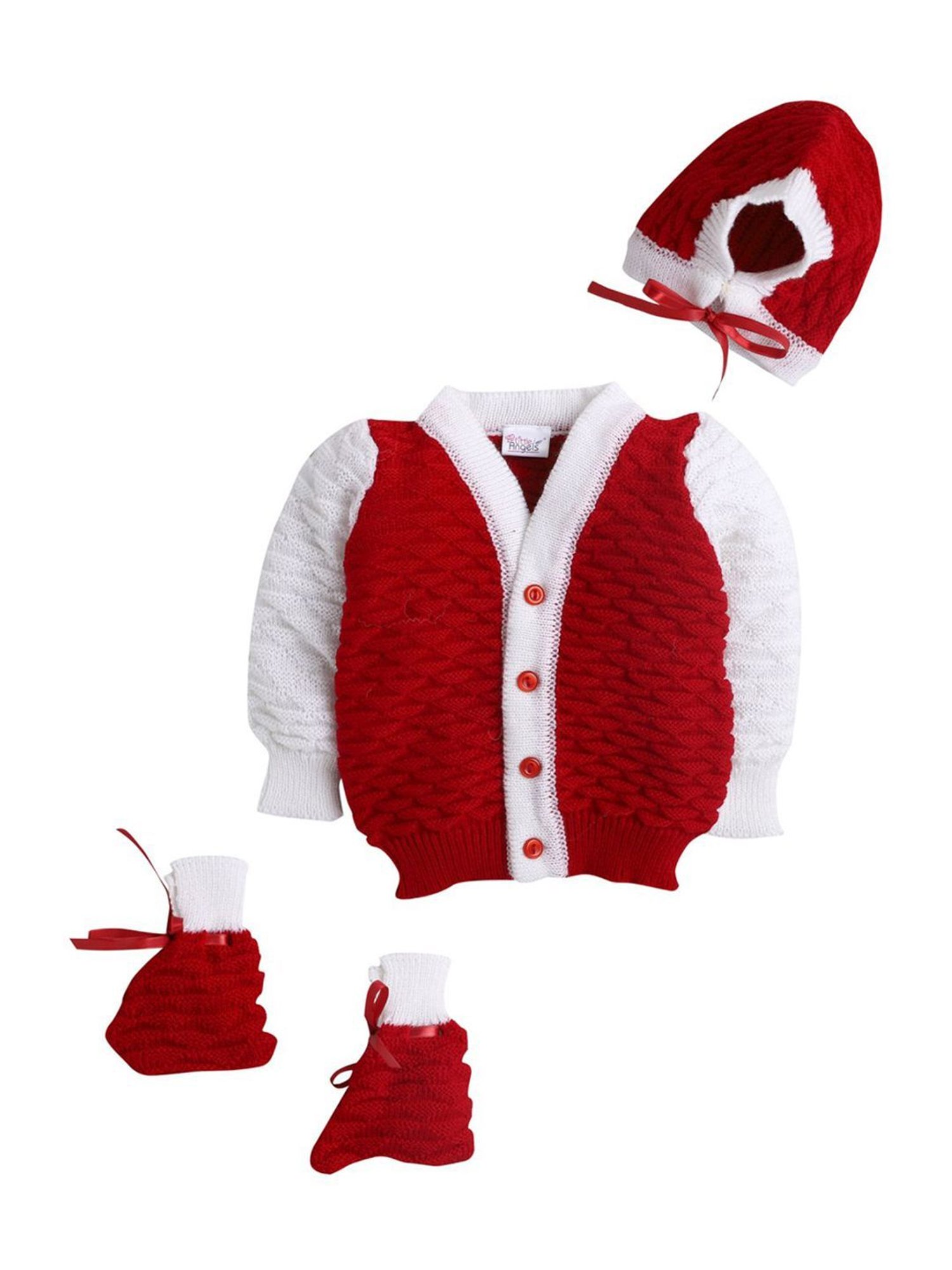 Little Angels Kids Red & White Textured Pattern Full Sleeves Sweater Set