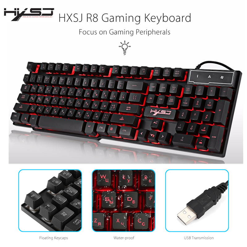 HXSJ R8 Russian+English Gaming Keyboard Floating LED 3 Color Backlit Keyboard with Similar Mechanical Feel For Teclado Gamer