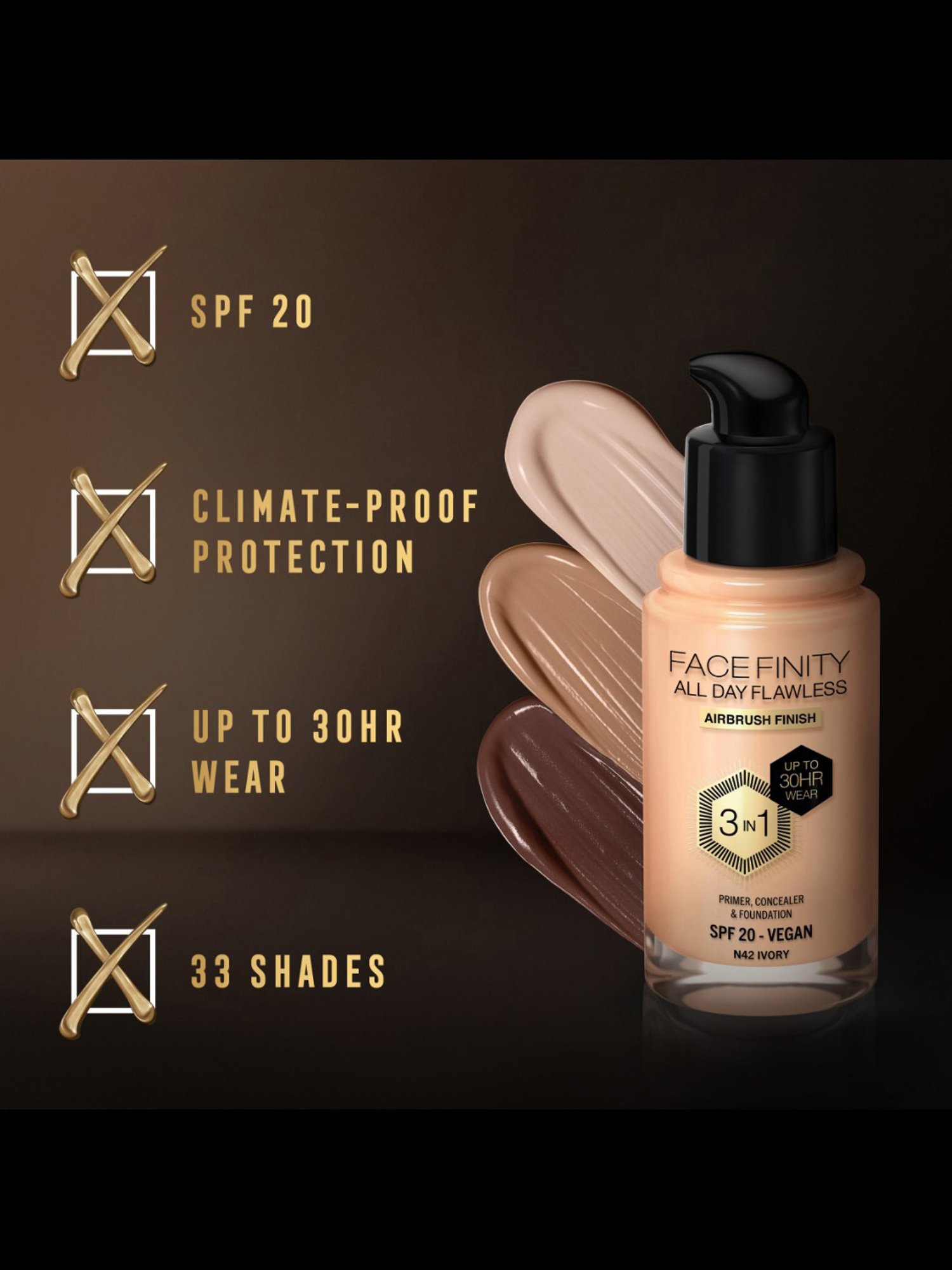 Max Factor Facefinity All Day Flawless 3 In 1 Foundation SPF 20 N42 Ivory - 30 ml