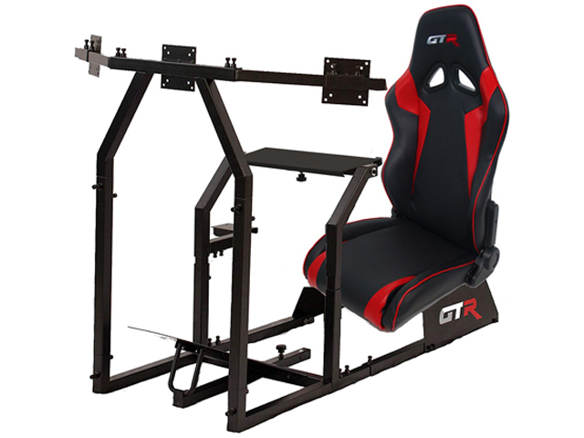 GTR Racing Simulator GTAF-BLK-S105LWHTRD - GTA-F Model (Black) Triple or Single Monitor Stand with White/Red Adjustable Leatherette Seat, Racing Simulator Cockpit gaming chair Single Monitor Stand