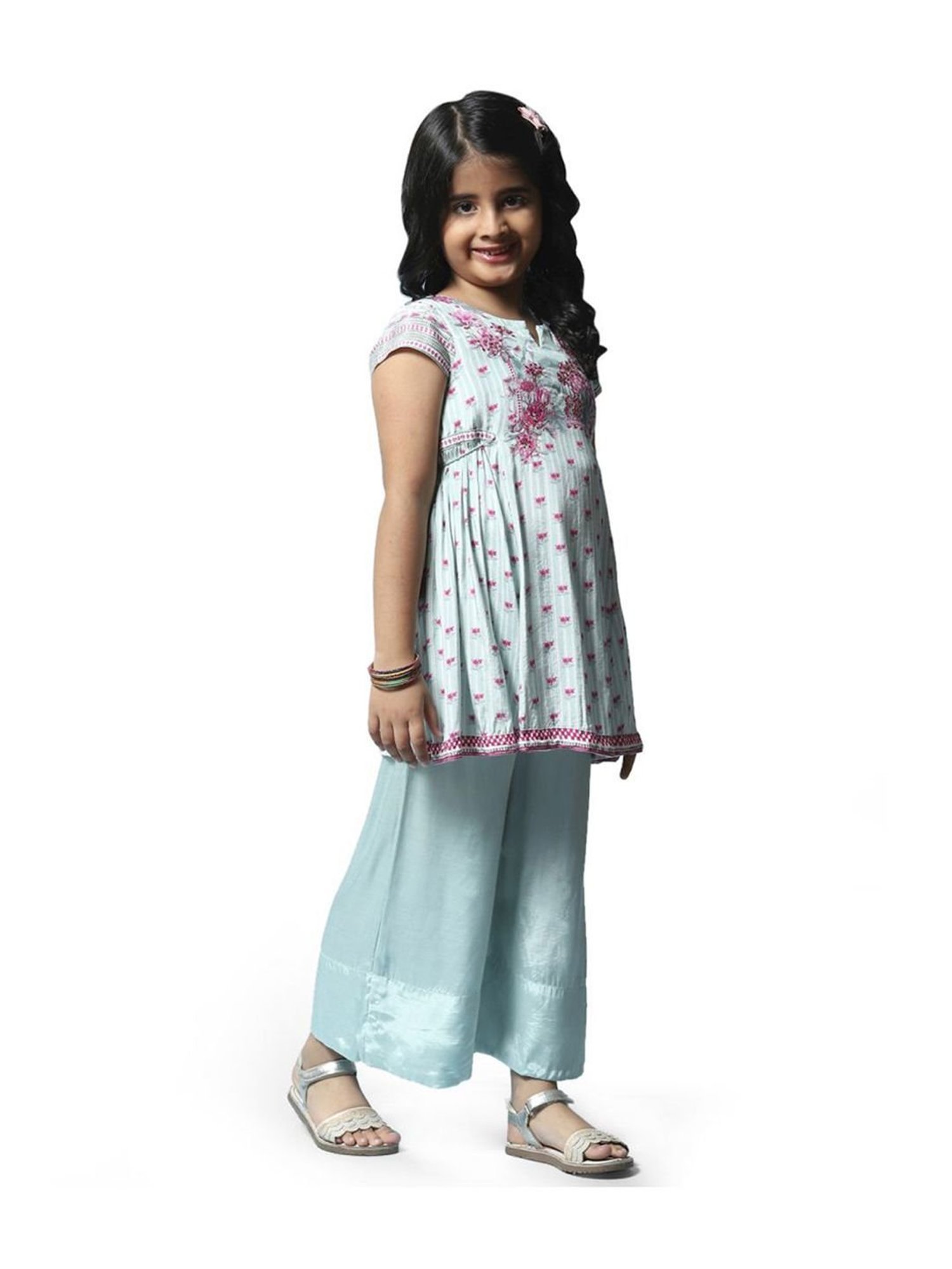 Biba Girls Sea Blue & Pink Floral Print Kurta Set