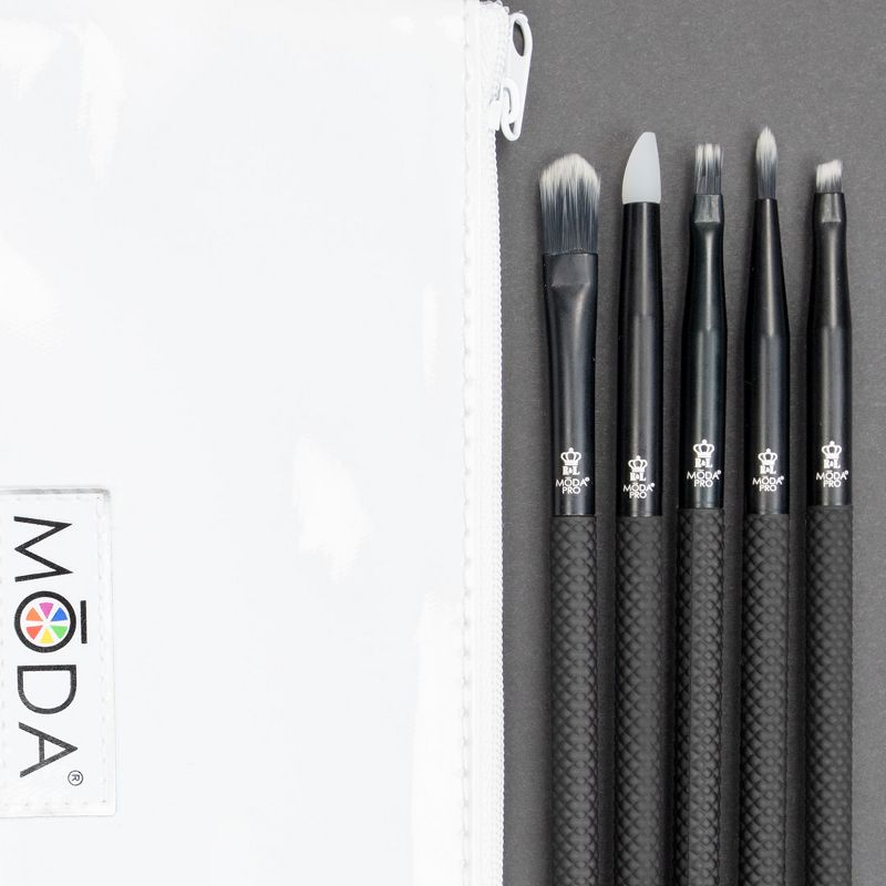 MODA Brush Pro 6pc Graphic Eye Black Makeup Brush Set with Zip Case, Includes - Concealer, Glam Topper, Wisp, and Angled Liner Brushes