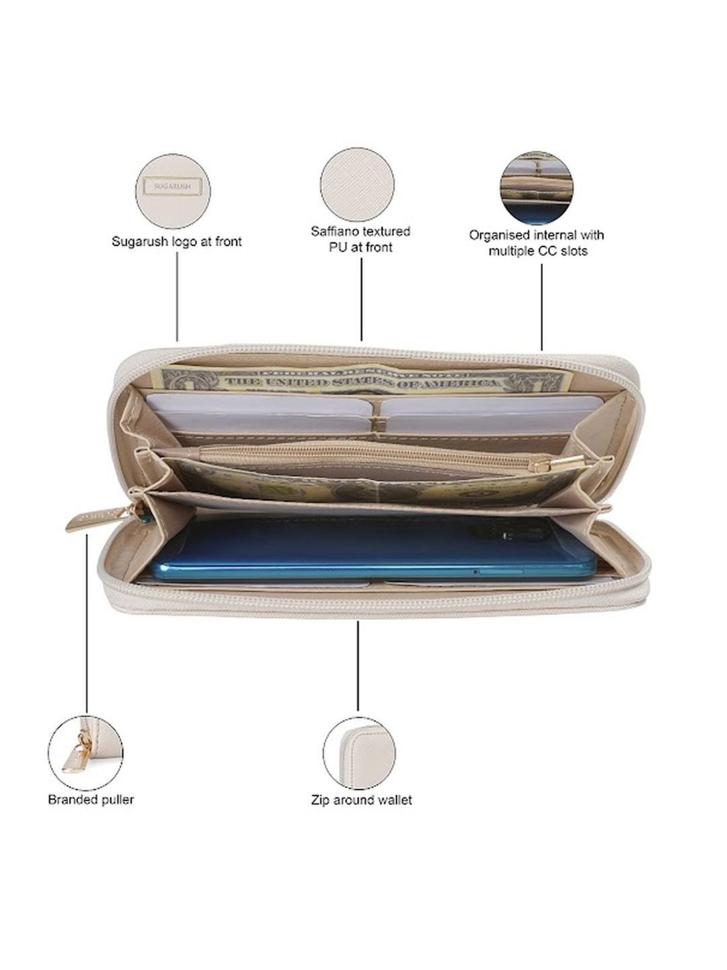 Sugarush Esther Beige PU Solid Zip Around Wallet