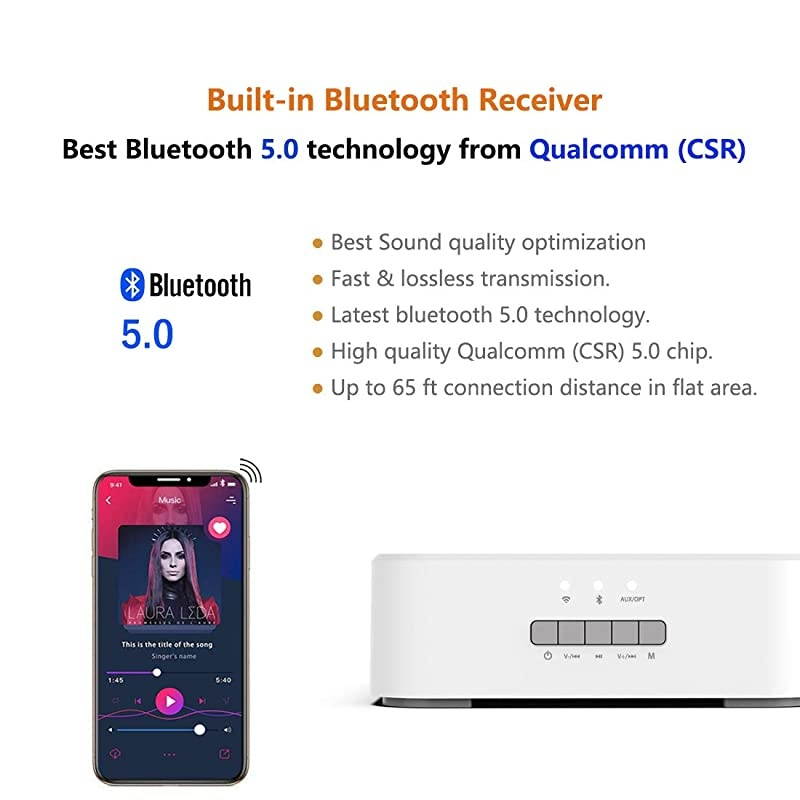 WiFi Bluetooth Stereo Digital Receiver Amplifier for 2021 Home Audio Bookshelf Passive Speaker System with Optical AUX Input Subwoofer Output App Control with Clock Alarm amp Sleep Timer