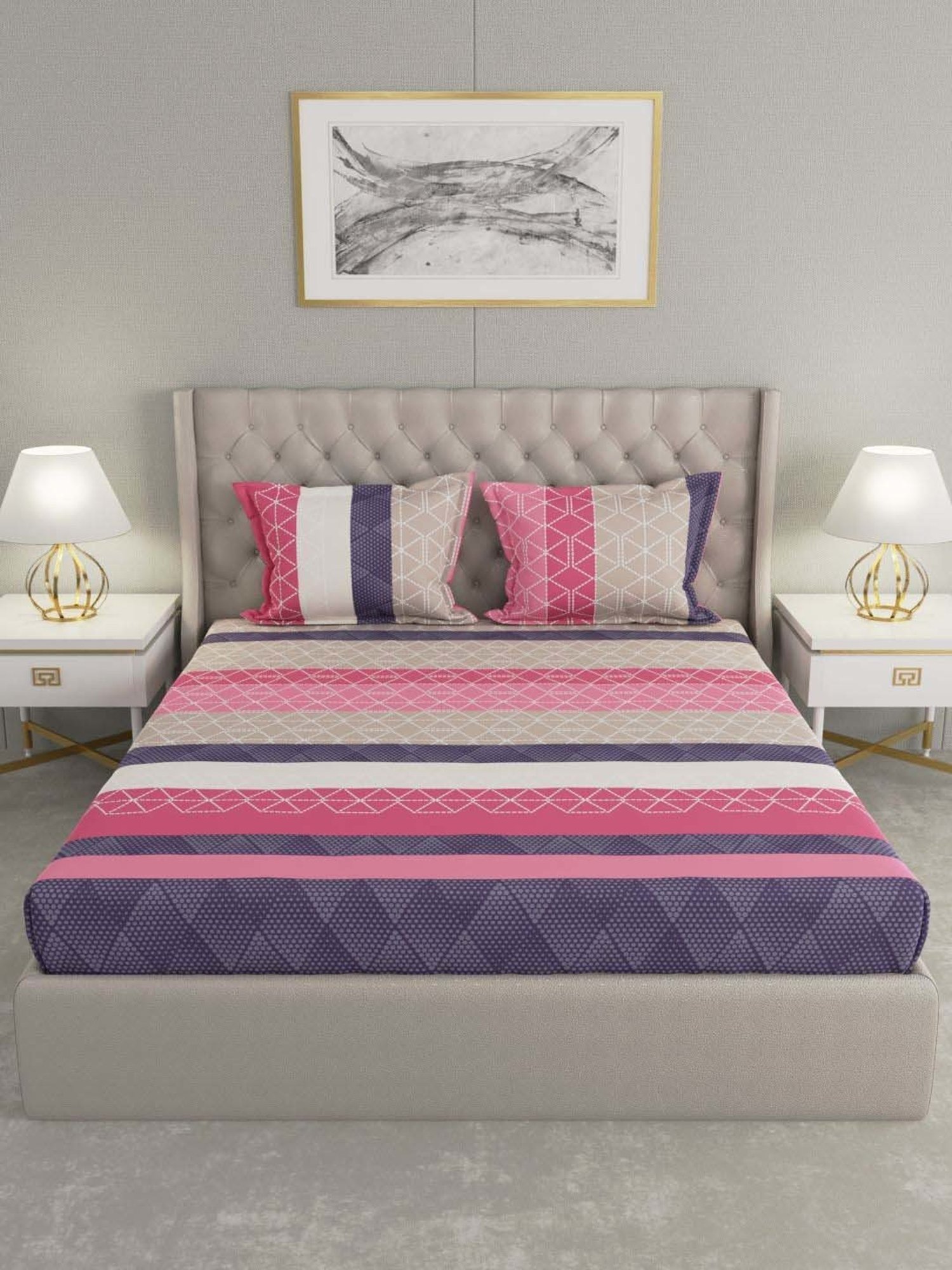 Raymond Home Shubham Pink & Brown 120 TC Cotton King Bedsheet with 2 Pillow Covers