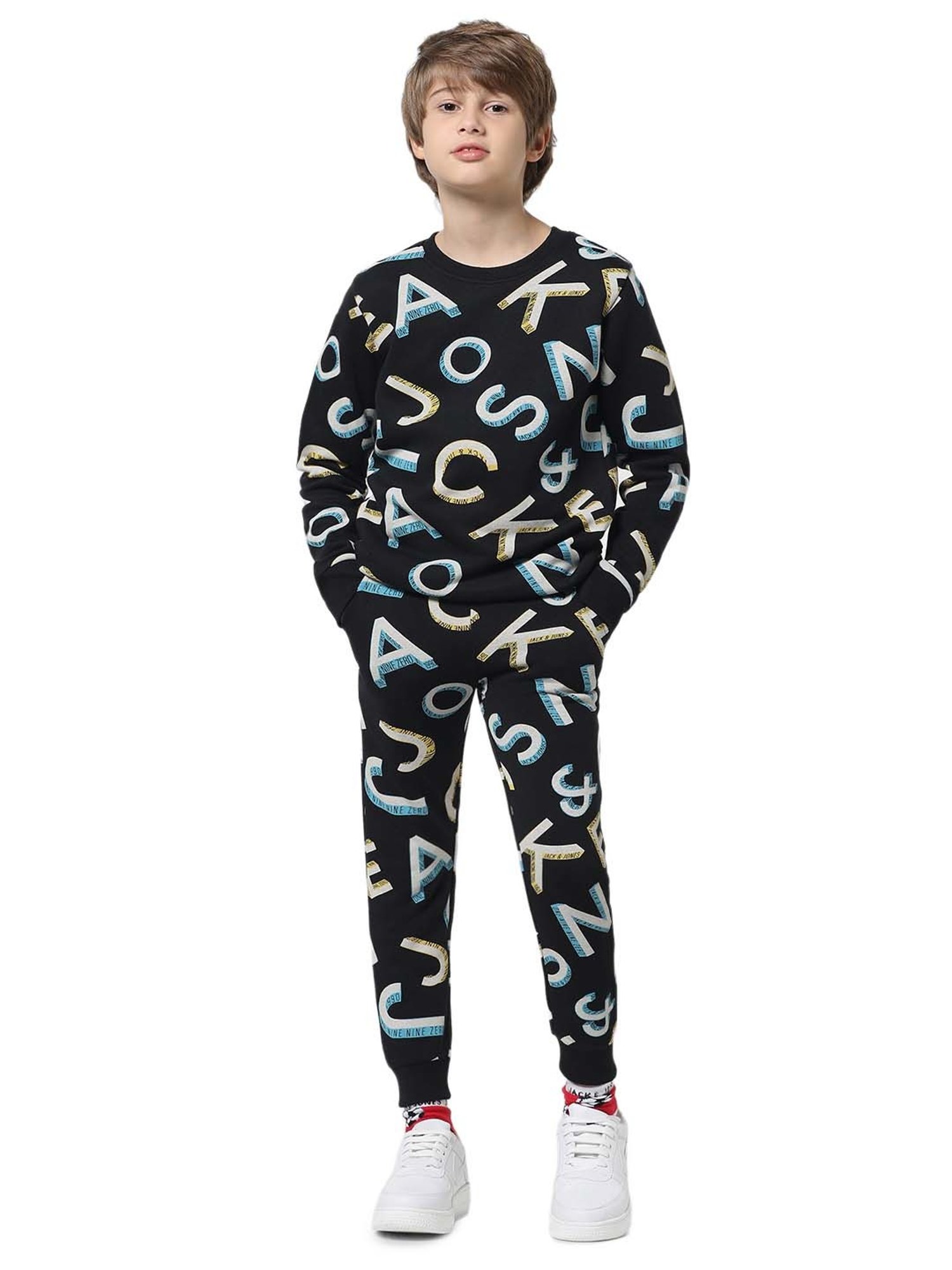 Jack & Jones Junior Jet Black Printed Full Sleeves Sweatshirt