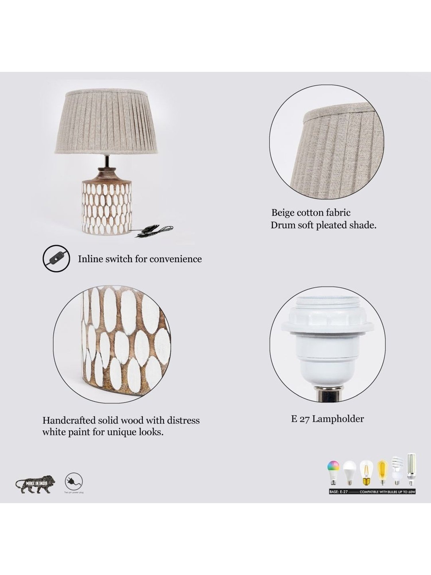 Kapoor Lamp Shades Distress White Wood Garlen Carved Cotton Shade Table Lamp