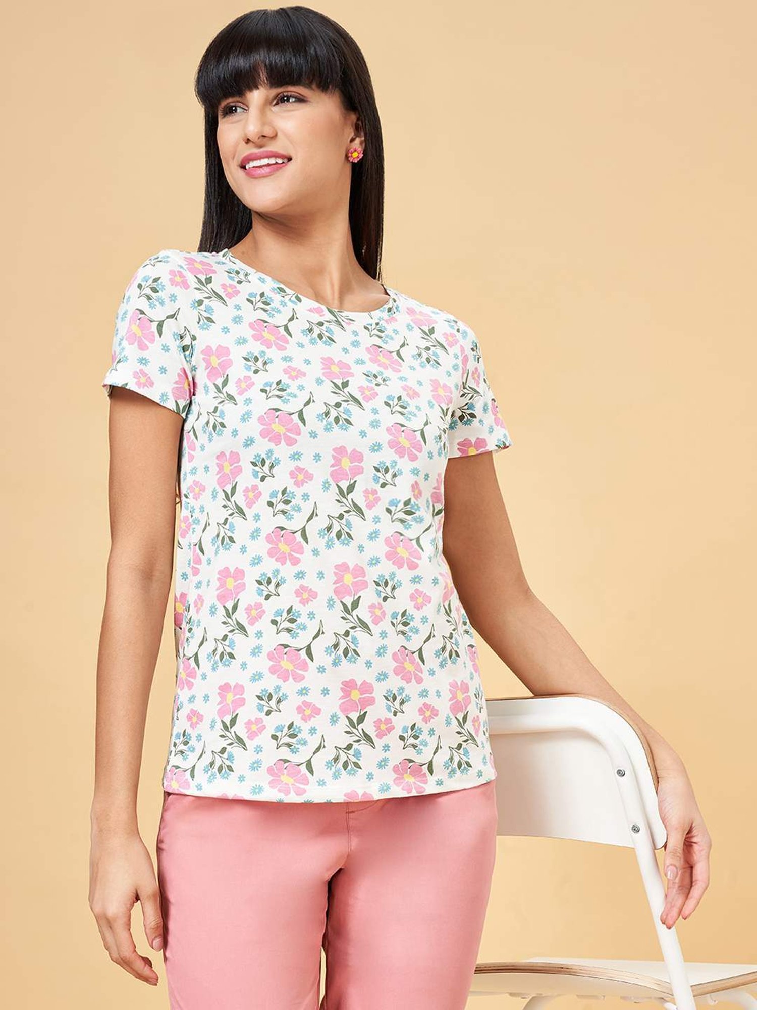 Honey by Pantaloons Star White Cotton Floral Print T-Shirt