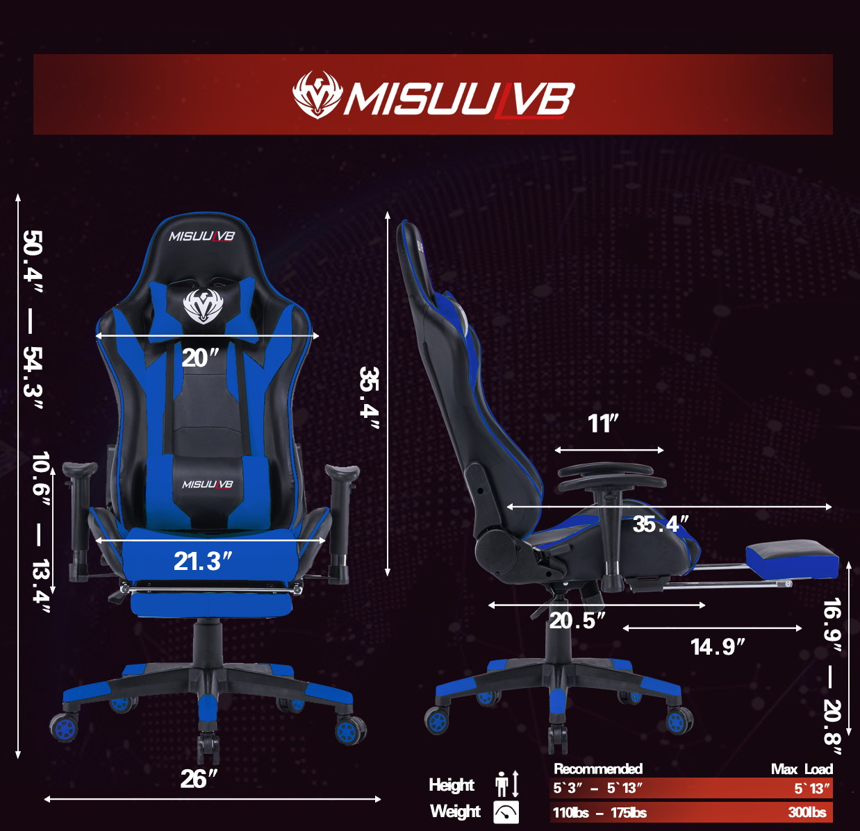 Gaming Chair, Racing Style Computer Desk Chair Padded Armrests Ergonomic Lumbar Support Adjustable Height