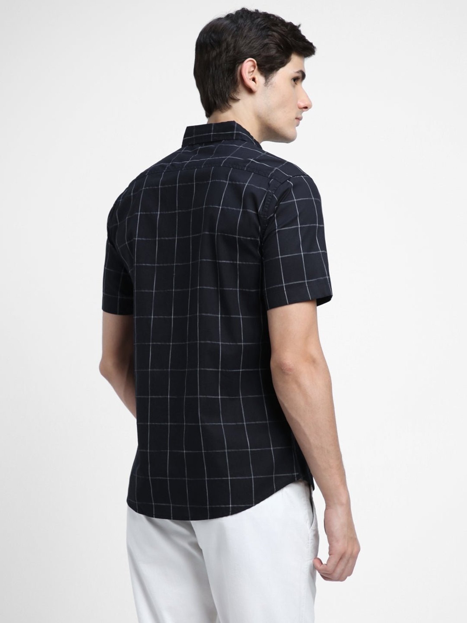 Dennis Lingo Navy Cotton Slim Fit Checks Shirt