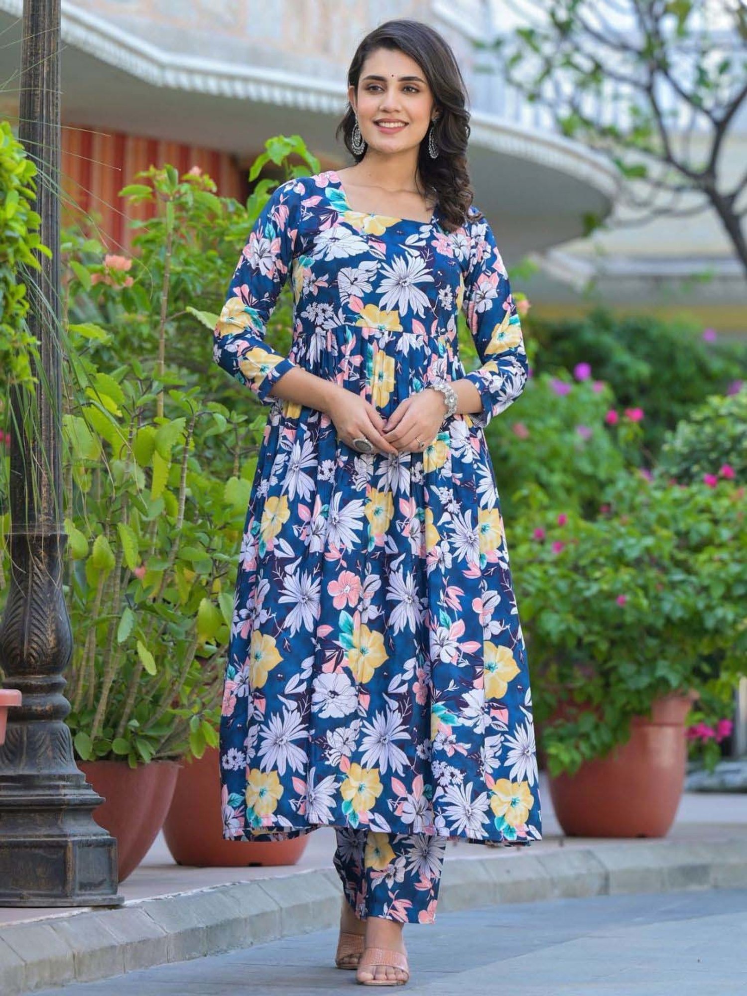 Odette Blue Printed Kurta Pant Set With Dupatta