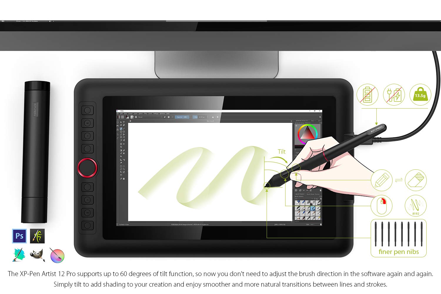 XP-PEN Artist 12 Pro 11.6 Inch Drawing Monitor Pen Display Full-Laminated Graphics Drawing Tablet with Tilt Function Battery-Free Stylus and 8 Shortcut Keys (8192 Levels Pen Pressure and 72% NTSC)