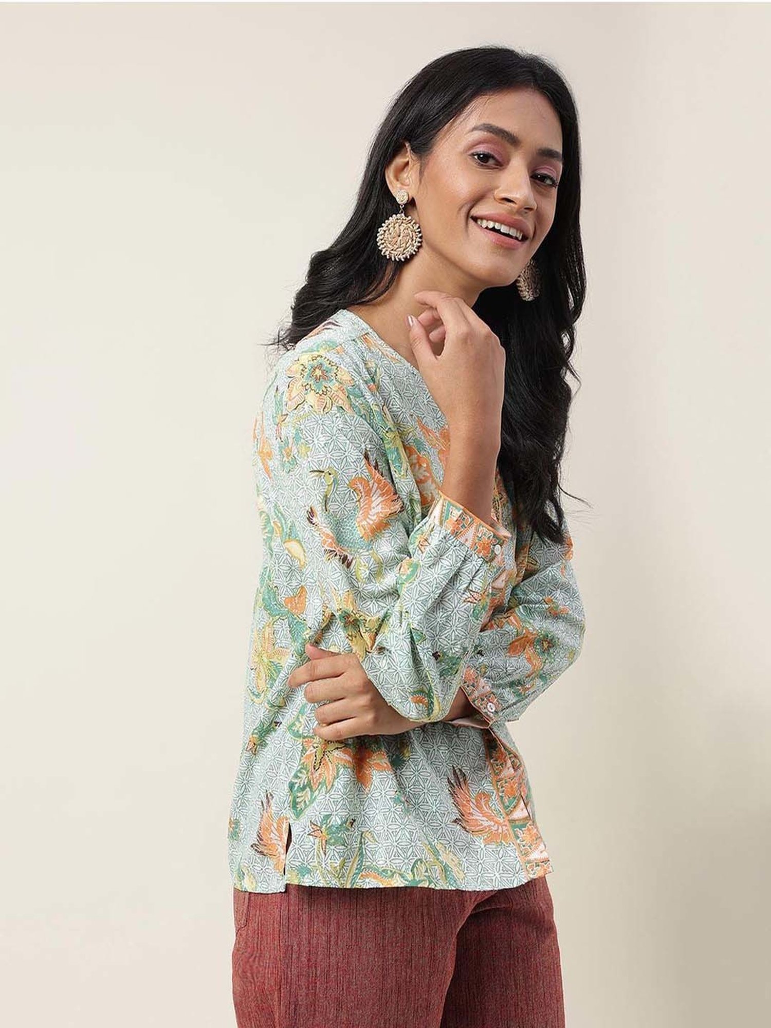 Fabindia Green Cotton Floral Print Top