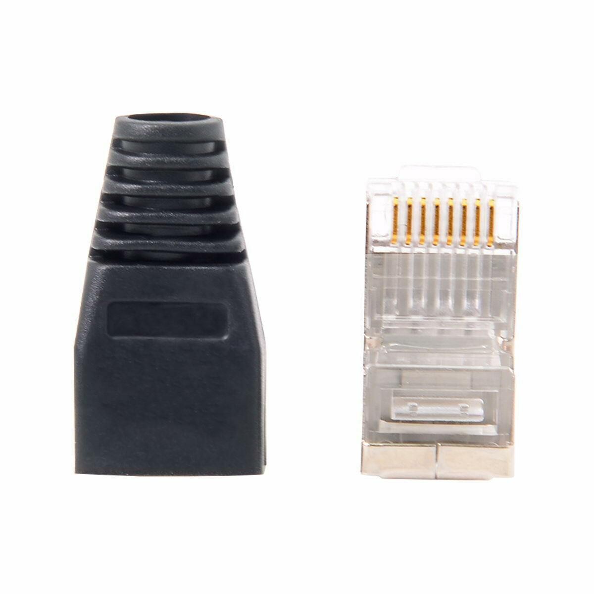 50pcs RJ45 Cat5e Male with Boots Caps Black 8P8C LAN Network Cable Socket Plug Connector Solid Crystal Head with Shield