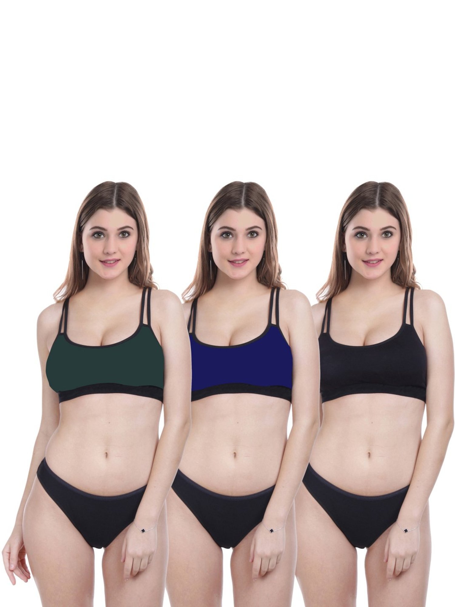 AROUSY Black & Blue Cotton Bra Panty Set - Pack Of 3