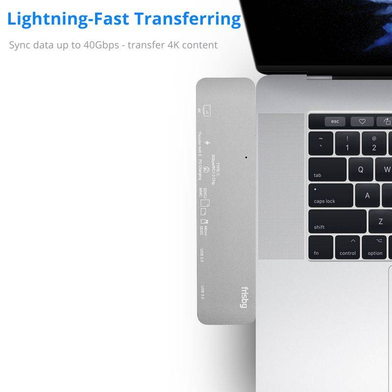 Frisby 7-in-2 Thunderbolt Hub for USB-C MacBook Pro 13"/15" 2016/2017/2018 and MacBook Air 2018 &ndash; Aluminum USB-C Adapter 4K HDMI, USB 3.0, SD